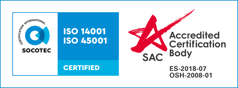 ISO 14001 and ISO 45001 certified by SOCOTEC, SAC accredited
